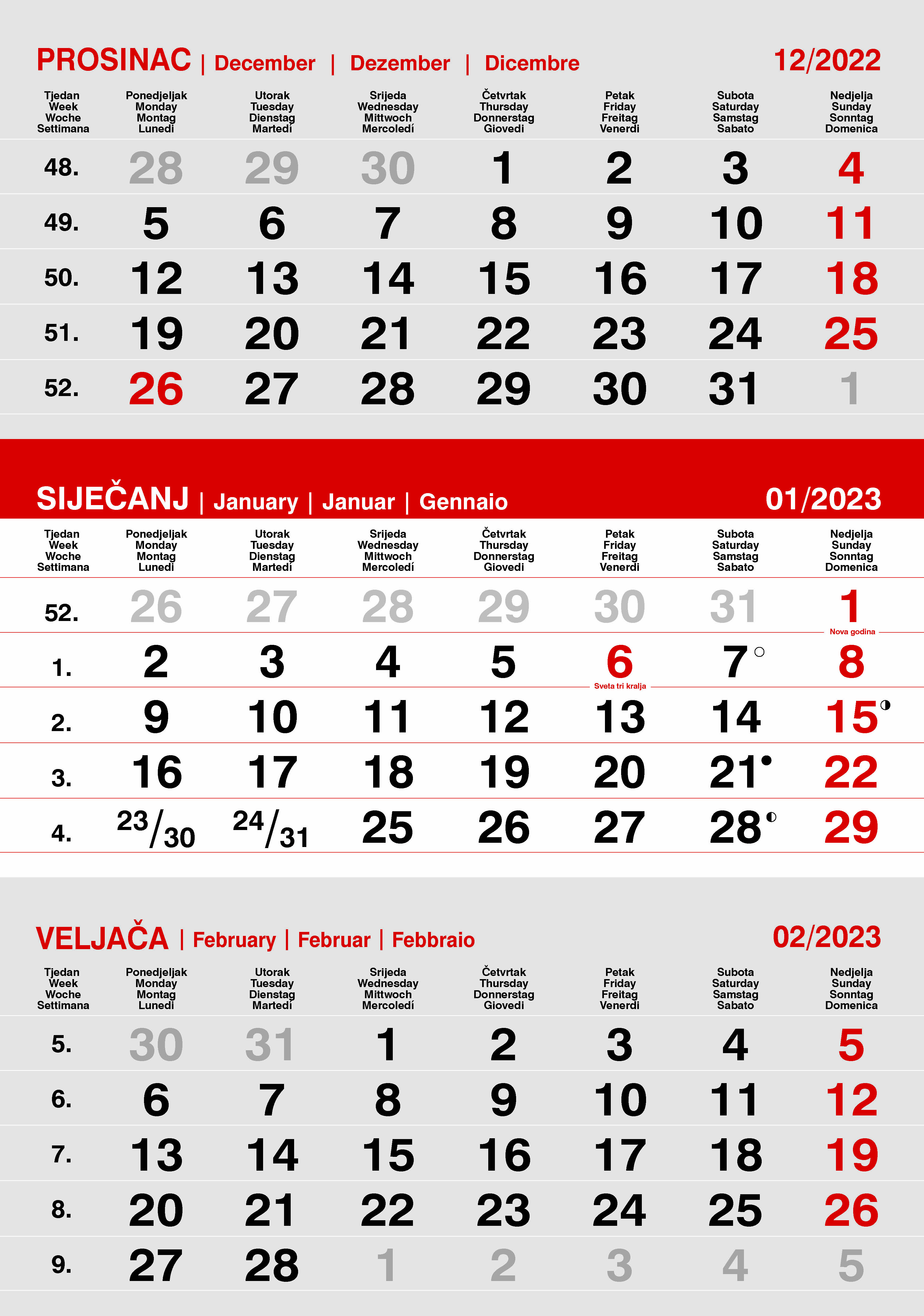 "Poslovni SIVO-CRVENI" neuvezani trodjelni kalendar, 12 list., dim:29,5x20cm, PVC vrećica, pokazivač, P/60