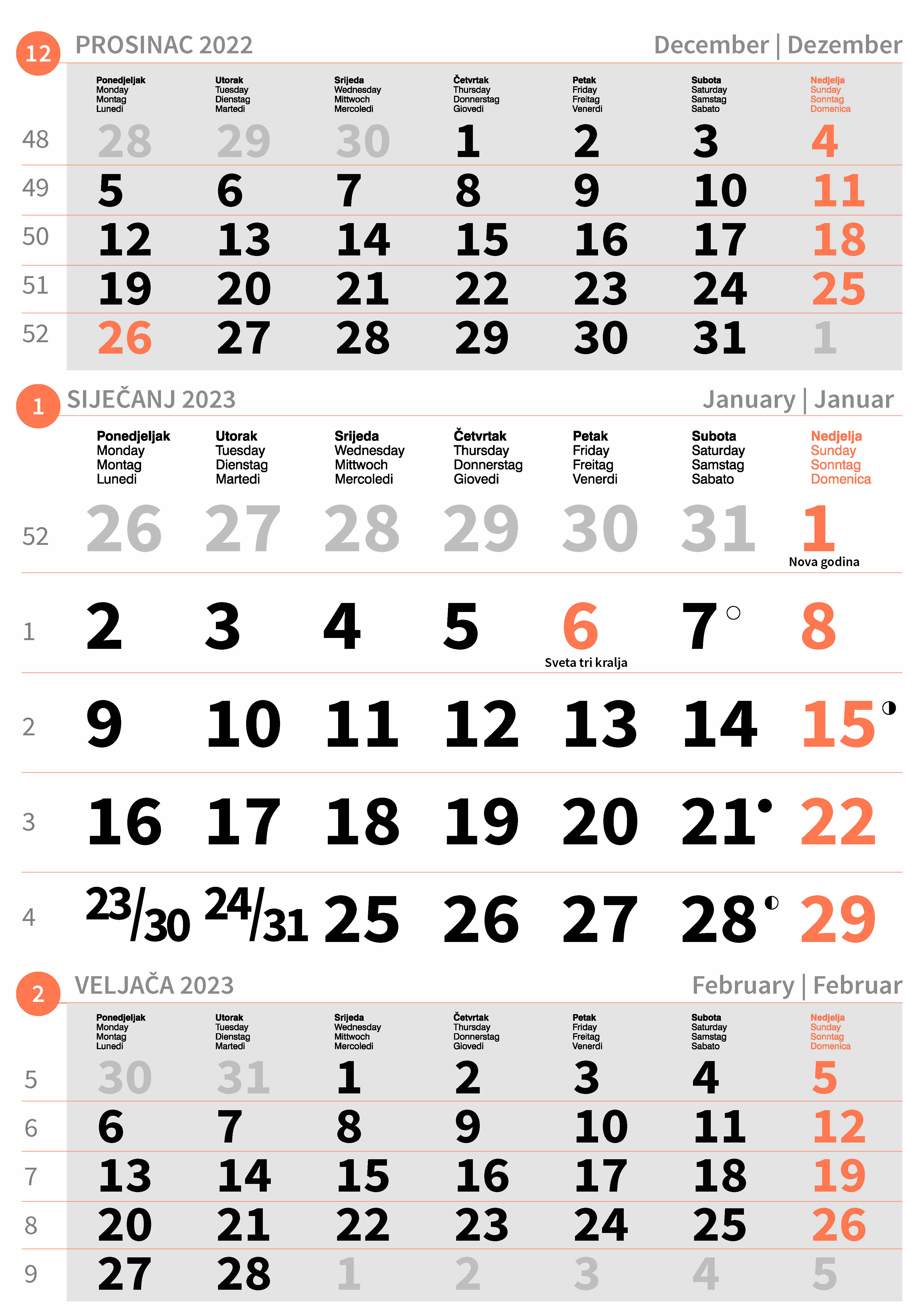 "Poslovni NARANČASTI" trodjelni kalendar, 12 list., dim: 29,5x62cm, PVC vrećica, pokazivač, P/50