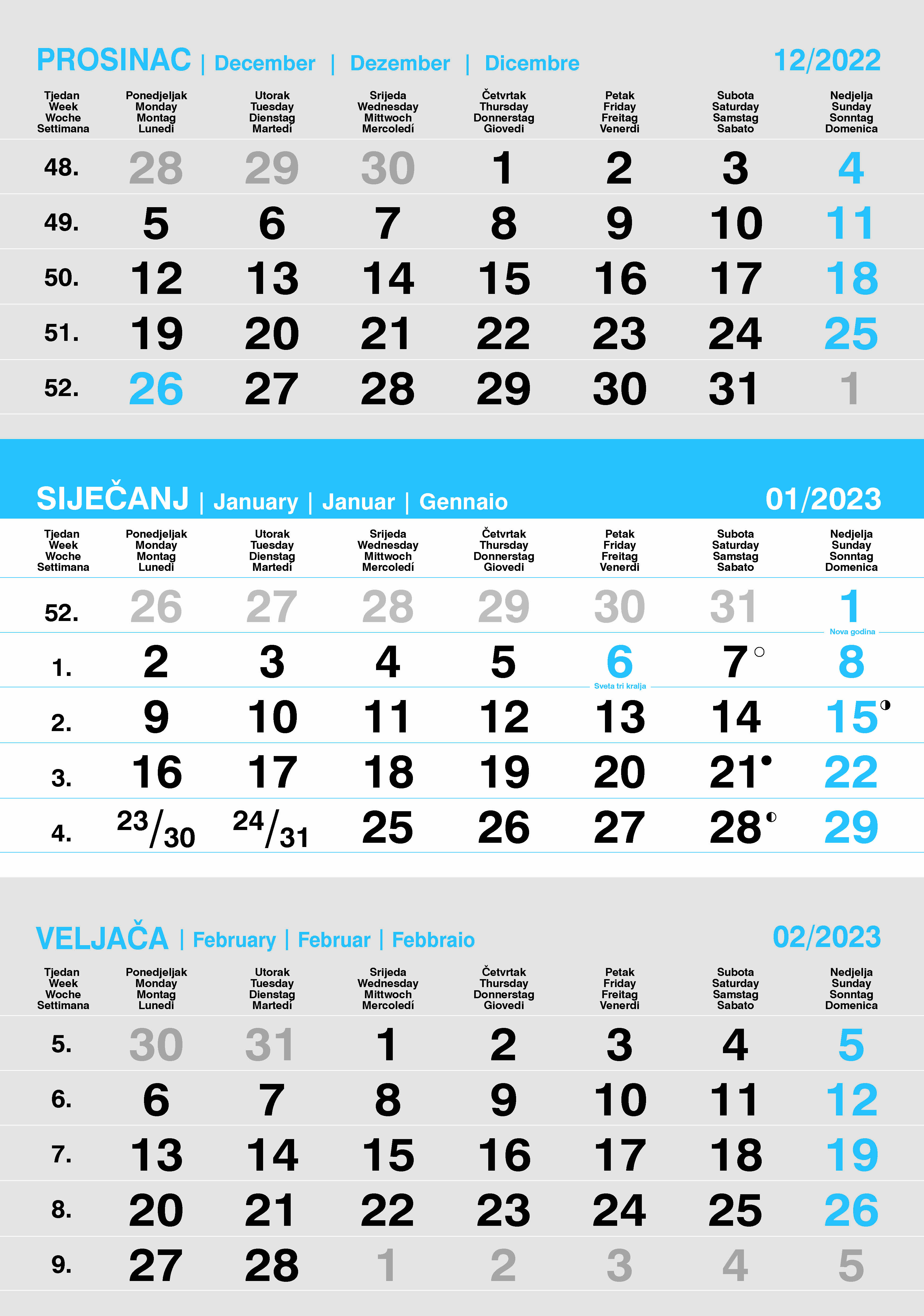 "Poslovni SIVO-PLAVI" neuvezani trodijelni kalendar, 12 lis., dim:29,5x42cm, PVC vrećica, pokazivač, P/60