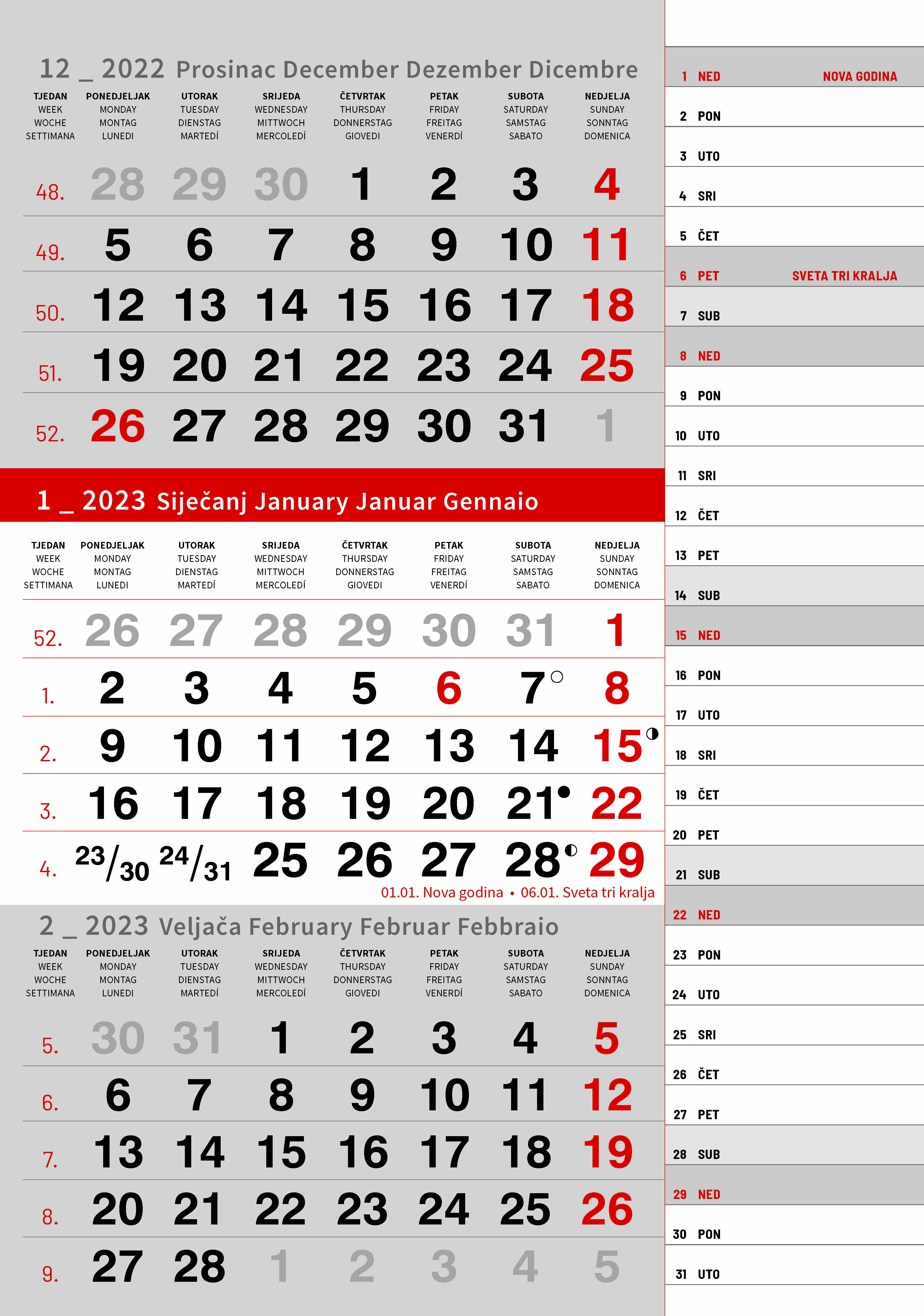 "Poslovni SIVO CRVENI planer" trodjelni kalendar, 12 list., dim: 29,5x62cm, PVC vrećica, pokazivač, P/50