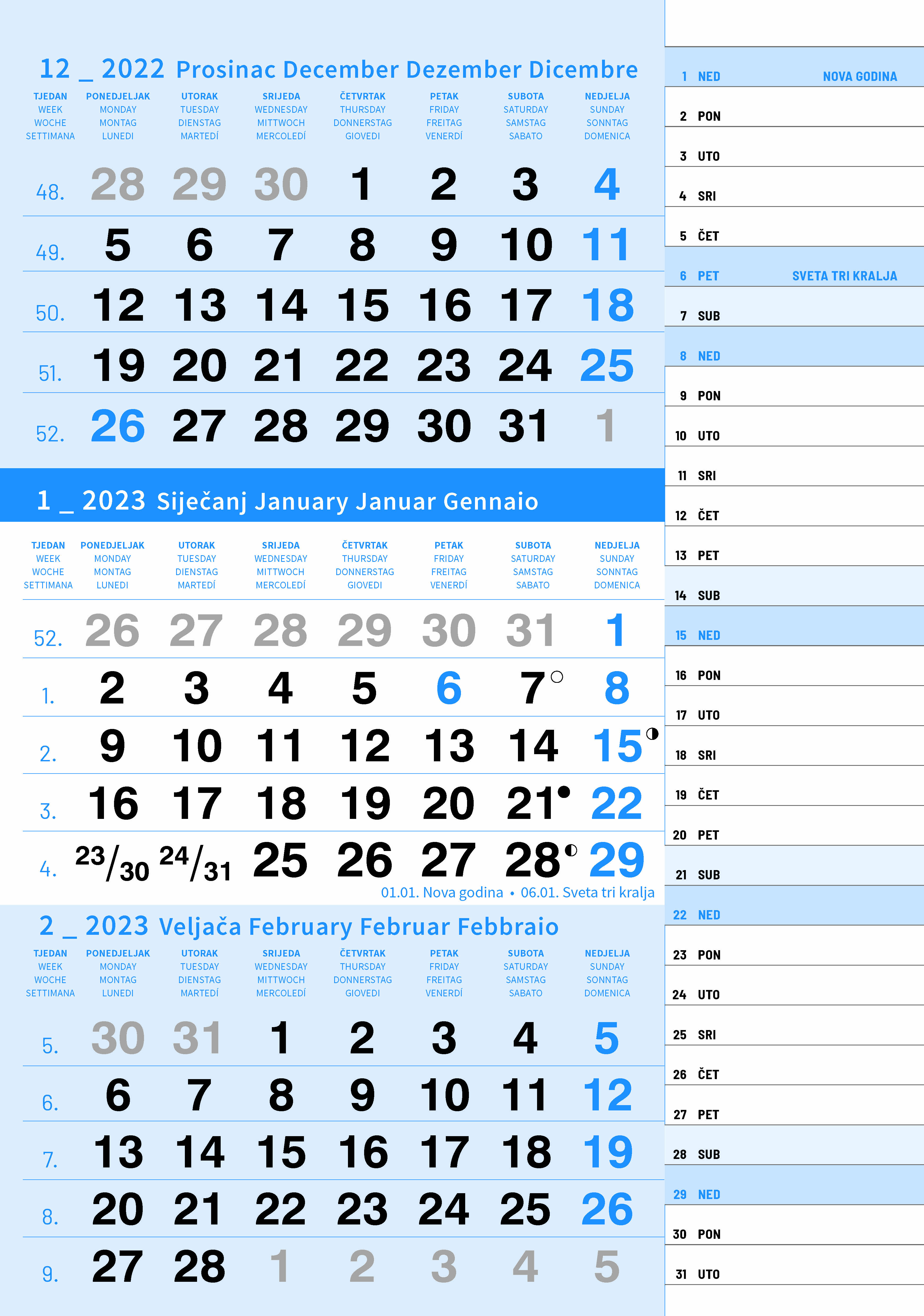 "Poslovni PLAVI planer" trodjelni kalendar, 12 list., dim: 29,5x62cm, neuvezani PVC vrećica, pokazivač, P/50