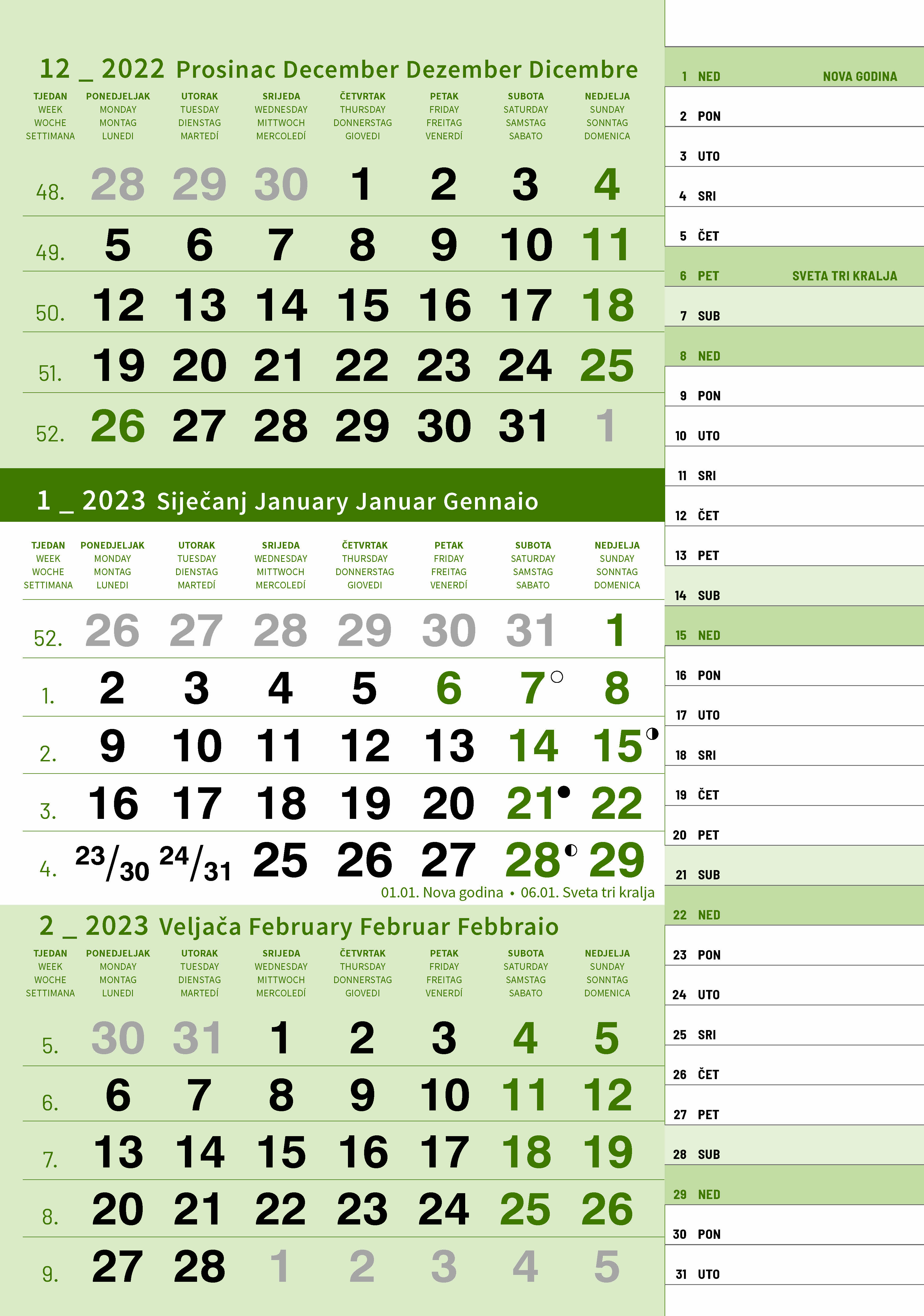 "Poslovni ZELENI PLANER" trodjelni kalendar, 12 list., dim: 29,5x62cm, PVC vrećica, pokazivač, P/50