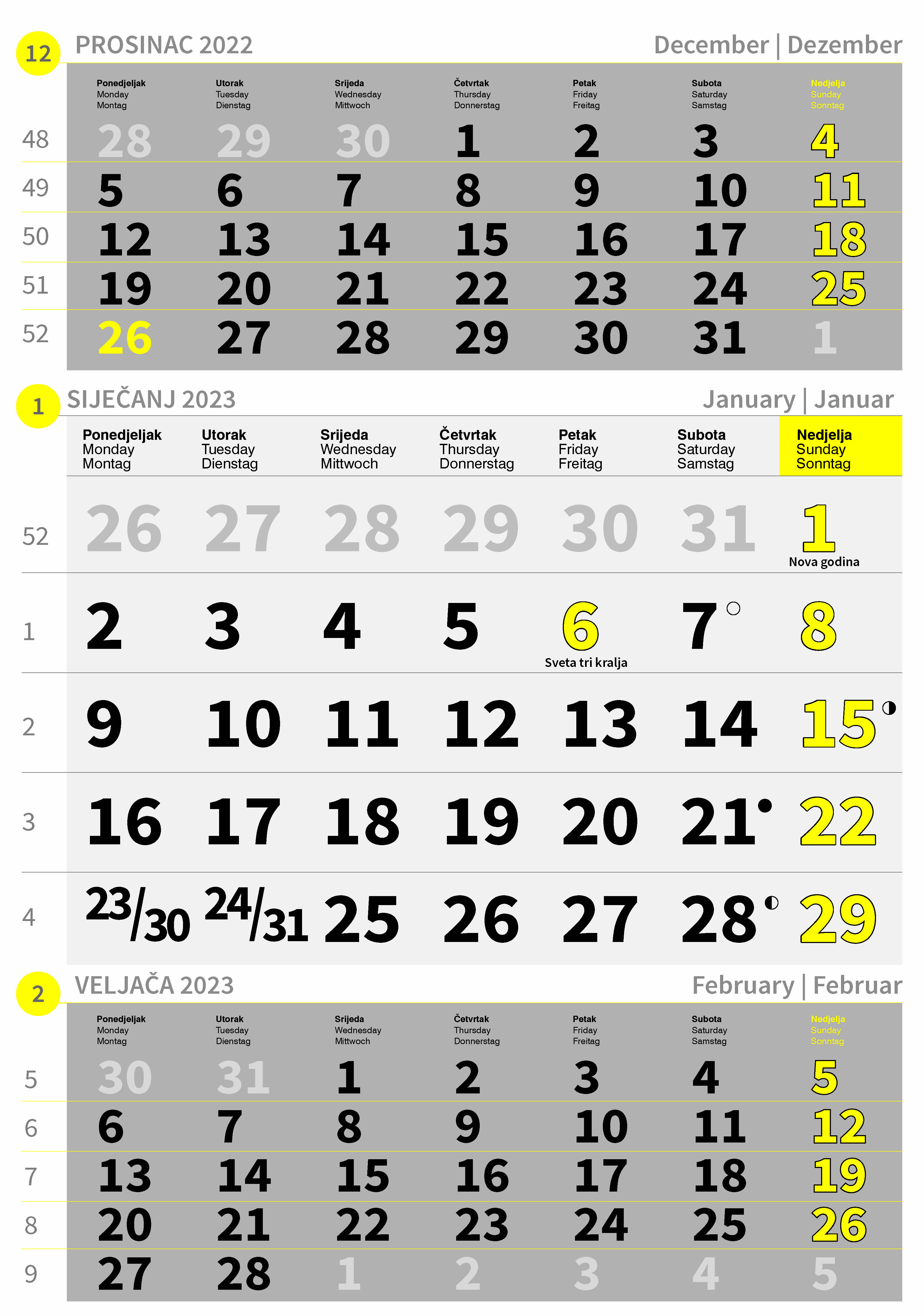 "Poslovni ŽUTO-SIVI" neuvezani trodjelni kalendar, 12 list., dim:29,5x62cm, PVC vrećica, P/60