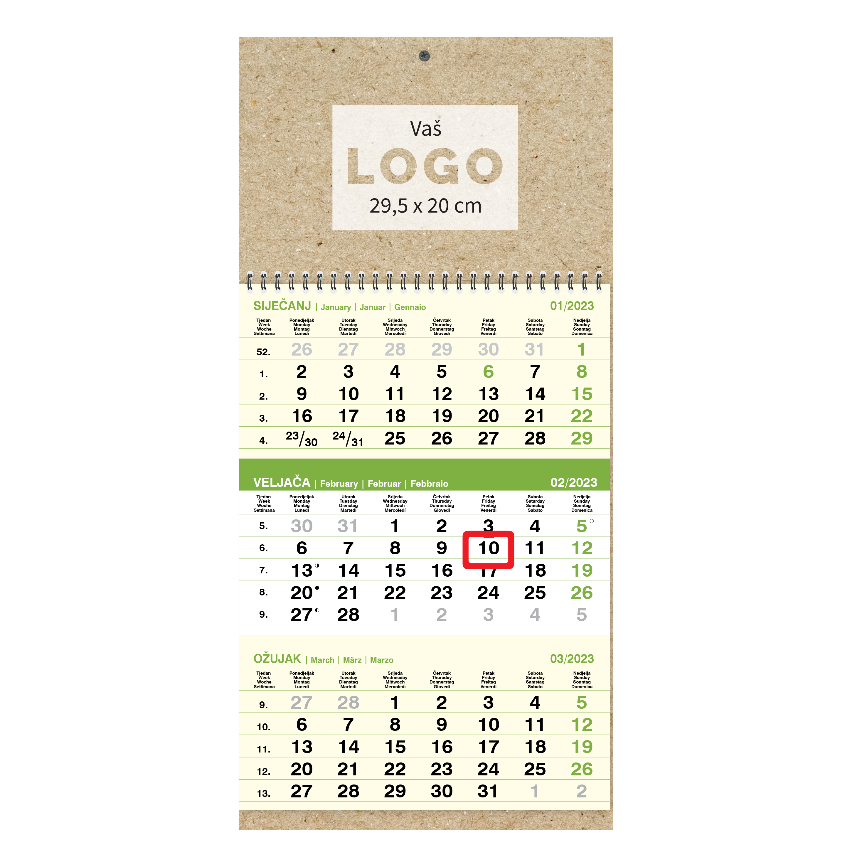 Kalendar trodjelni poslovni EKO ZELENI, spirala (12 l) 29,5x62 cm, nad. 29,5x20cm, pok, vrećica (reciklirani papir)