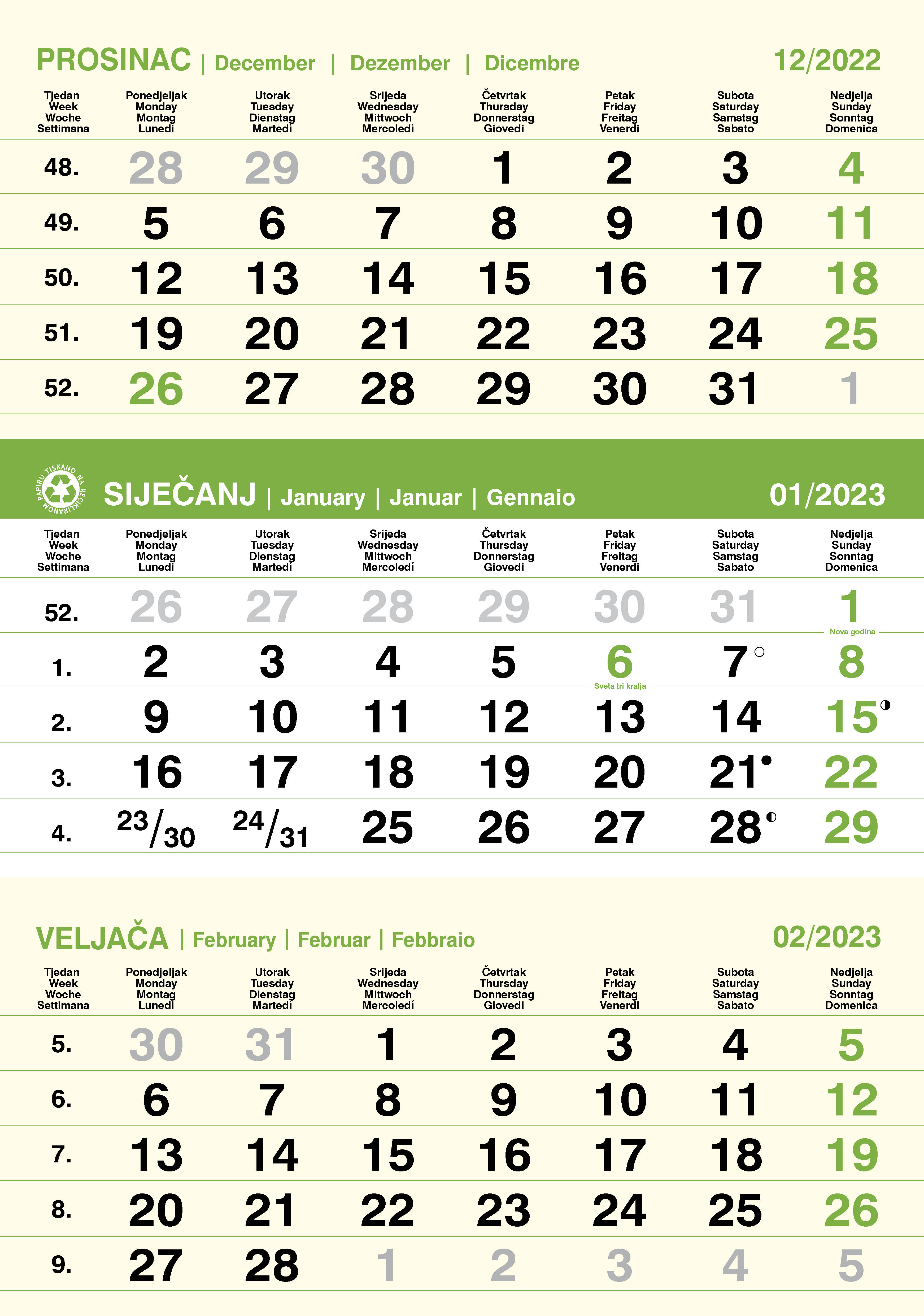 Kalendar trodjelni poslovni EKO ZELENI, spirala (12 l) 29,5x62 cm, nad. 29,5x20cm, pok, vrećica (reciklirani papir)