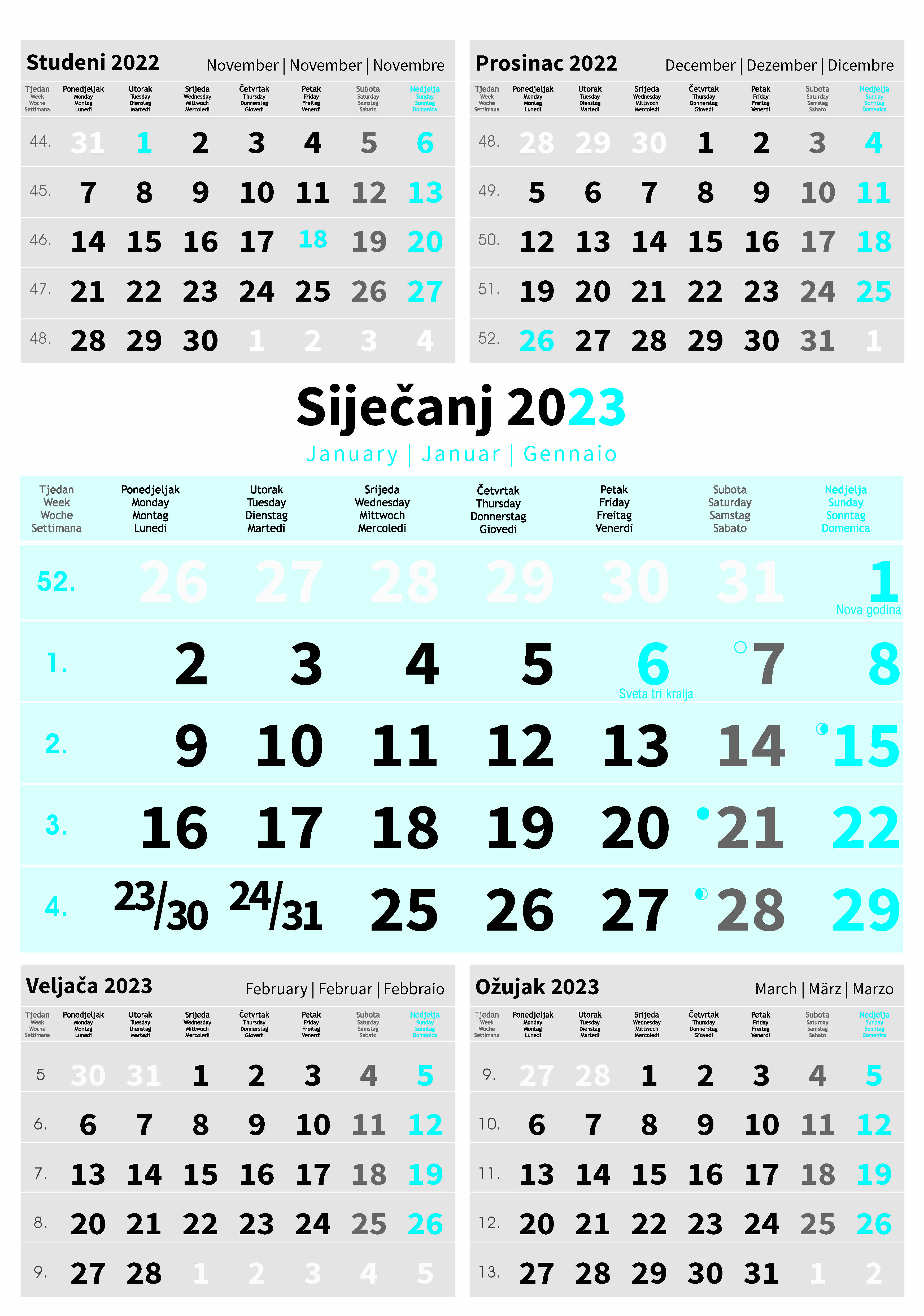 " Poslovni PLAVI 5 mj." trodjelni kalendar, 12 list., dim: 29,5x62cm, PVC vrećica, pokazivač, P/50