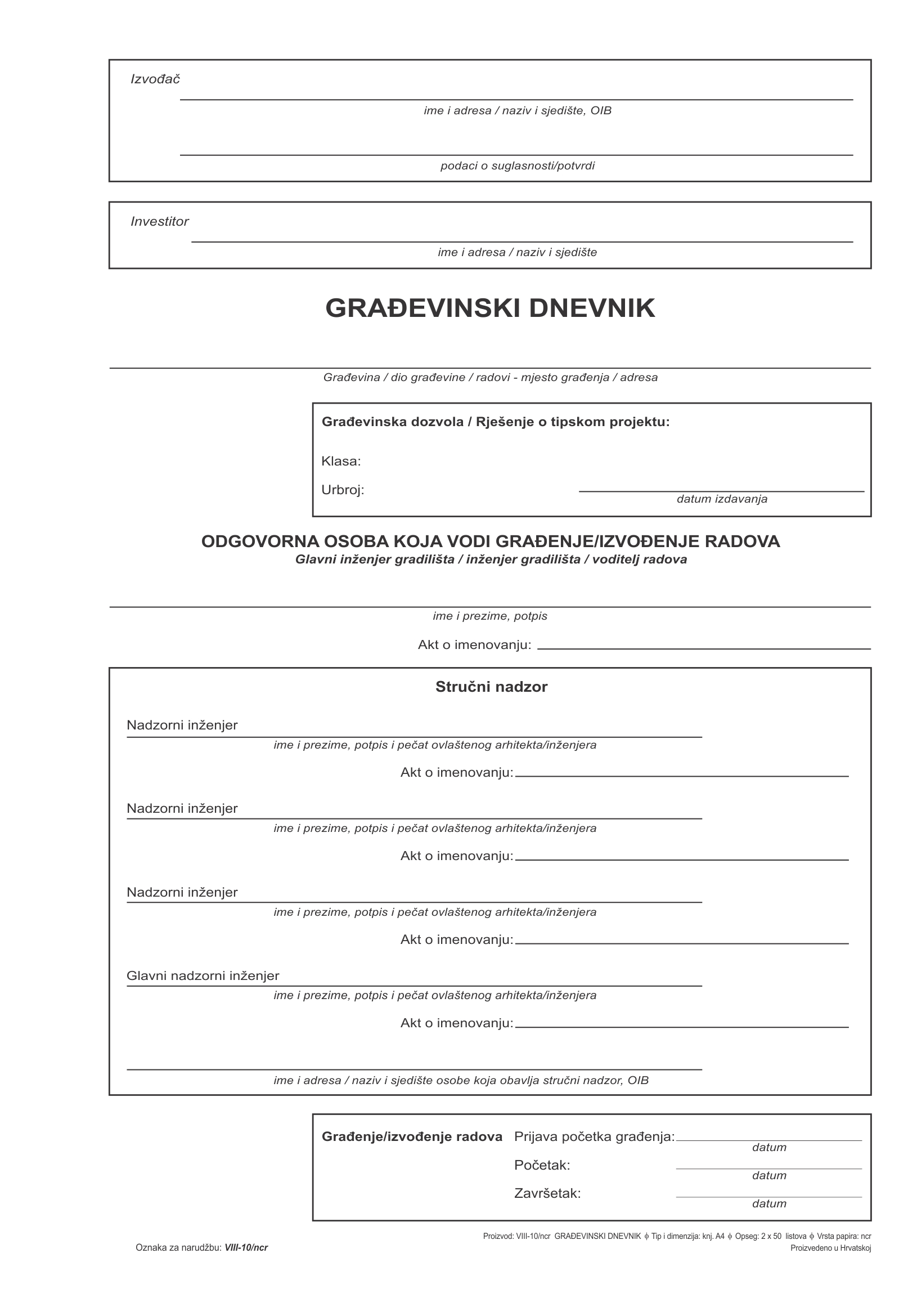 VIII-10/NCR GRAĐEVINSKI DNEVNIK 2*50 TVRDI UVEZ (zaposlenici i strojevi)  11/14  Ogi (p10)