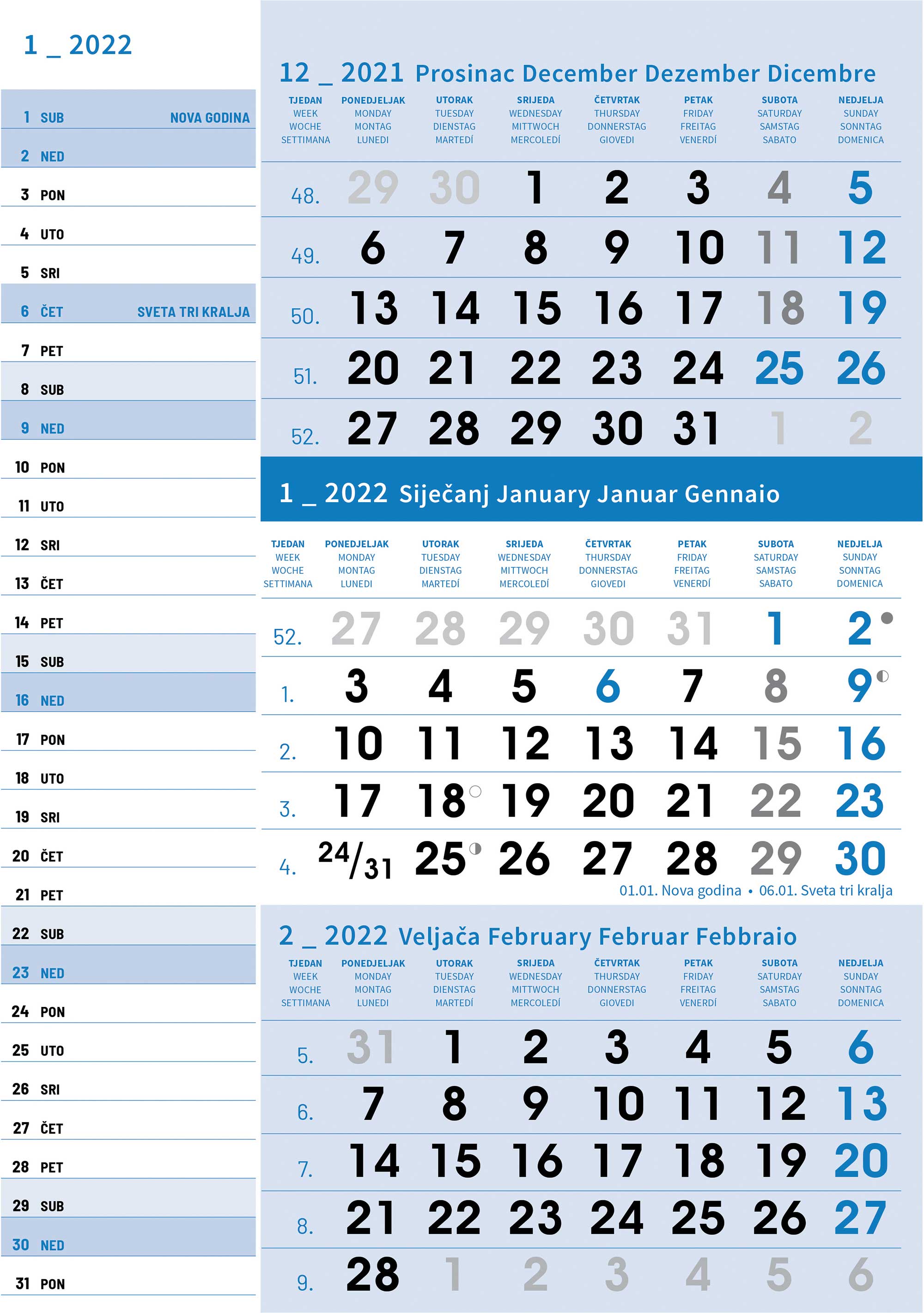 "Poslovni PLAVI planer" trodjelni kalendar, 12 list., dim: 29,5x62cm, PVC vrećica, pokazivač, P/50