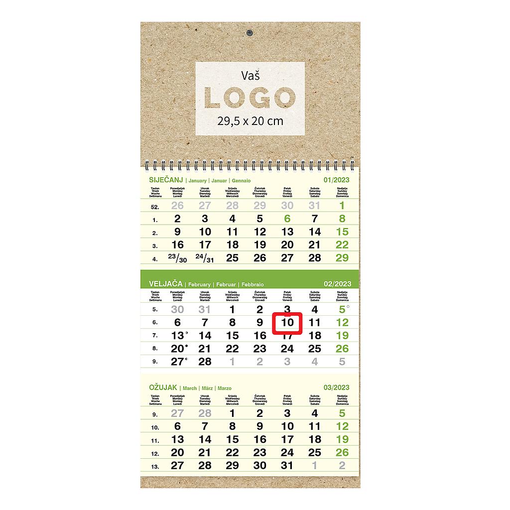 Kalendar trodjelni poslovni EKO ZELENI, spiral bound (12 sheets), format:29,5x62 cm, logo print area:29,5x20cm, date indicator, bag (recycled paper)