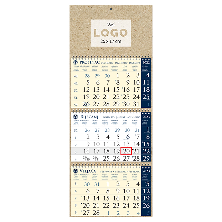 Kalendar trodjelni sirio EKO TAMNO PLAVI, spiral bound three fold (3x12 sheets) 25x65cm, date indicator, bag (recycled paper), P/50