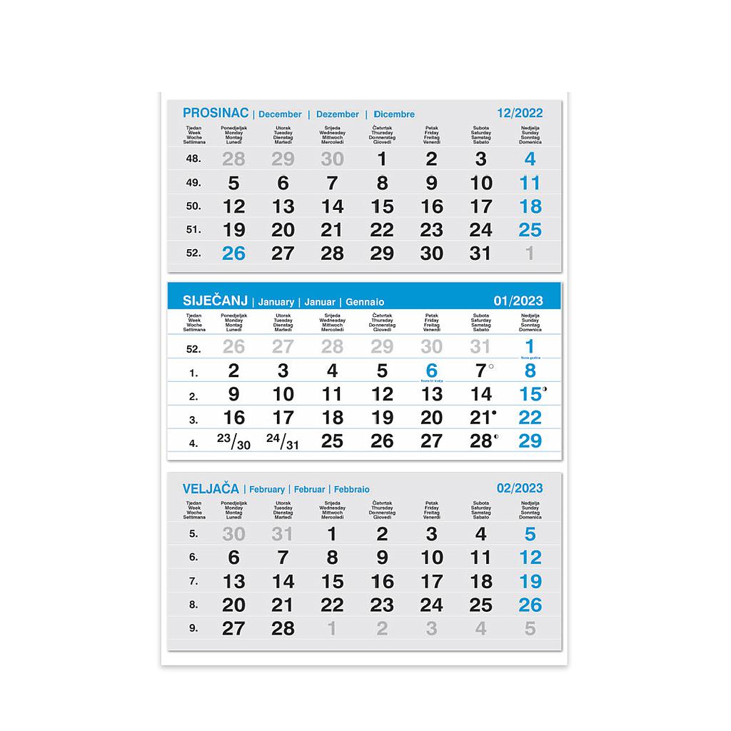 "Poslovni  PLAVI iz tri dijela" glued, three month calendar, 12 sheets, format: 29,5x62cm, PVC bag, date indicator, P/50 NOT BOUND
