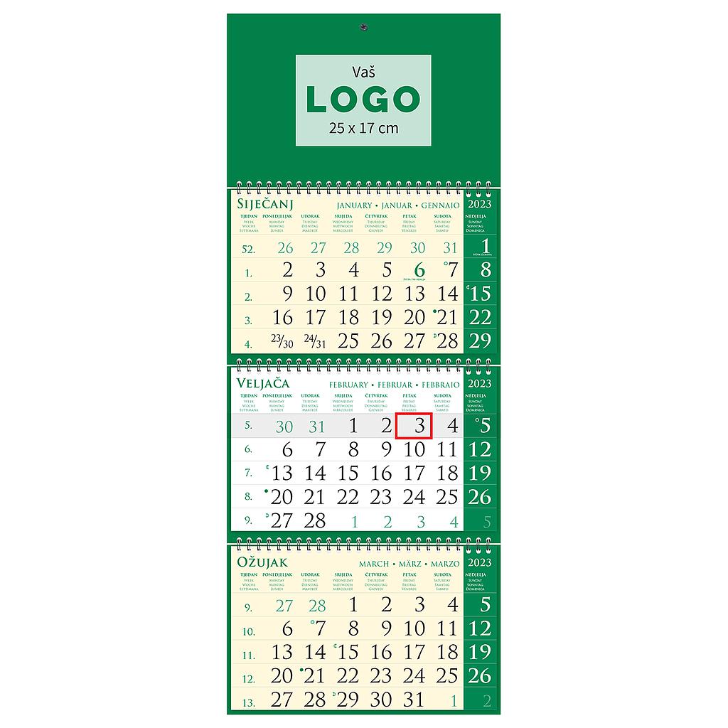 "Poslovni SIRIO Pino Verde zeleni" three month calendar, 3x12 sheets, format: 25x65cm, bag, date indicator, P/50