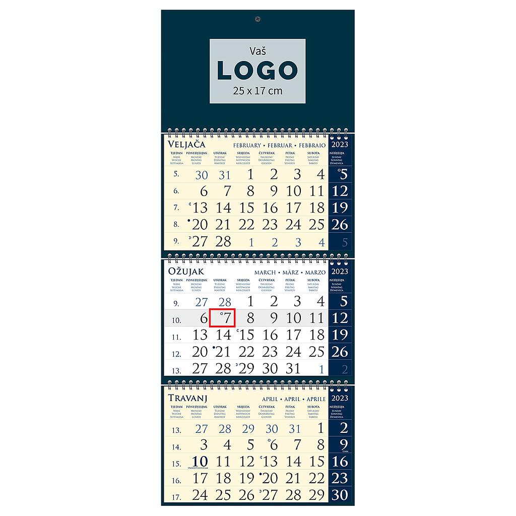 "Poslovni SIRIO Dark Blue" three month calendar, 3x12 sheets, format:25x65cm, bag, date indicator, P/50