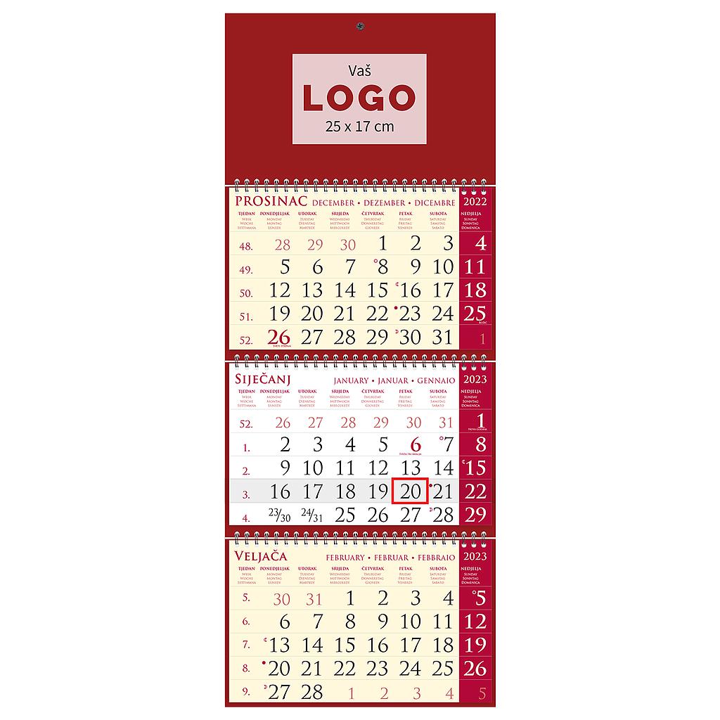 "Poslovni SIRIO cherry" three month calendar, 3x12 sheets, format:25x65cm, bag, date indicator, P/50