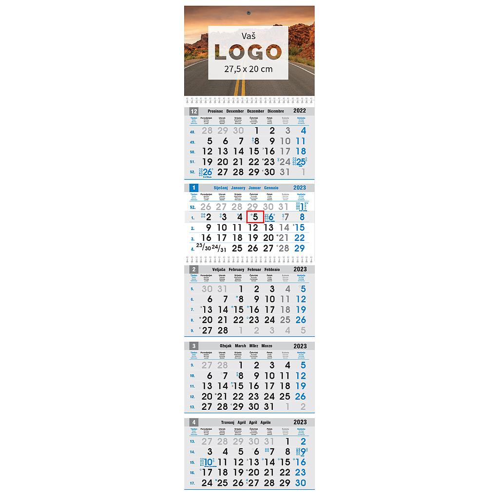 KALENDAR POSLOVNI PETERODIJELNI PLAVO/SIVI 5 - part, 80gr, format: 27,5x102 cm, spiral bound, date indicator, PVC bag, P/25