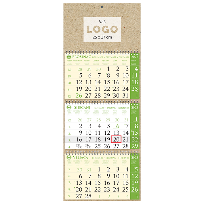 Kalendar trodjelni sirio EKO ZELENI, spiral bound three fold (3x12 sheets) 25x65cm, date indicator, bag (recycled paper), P/50