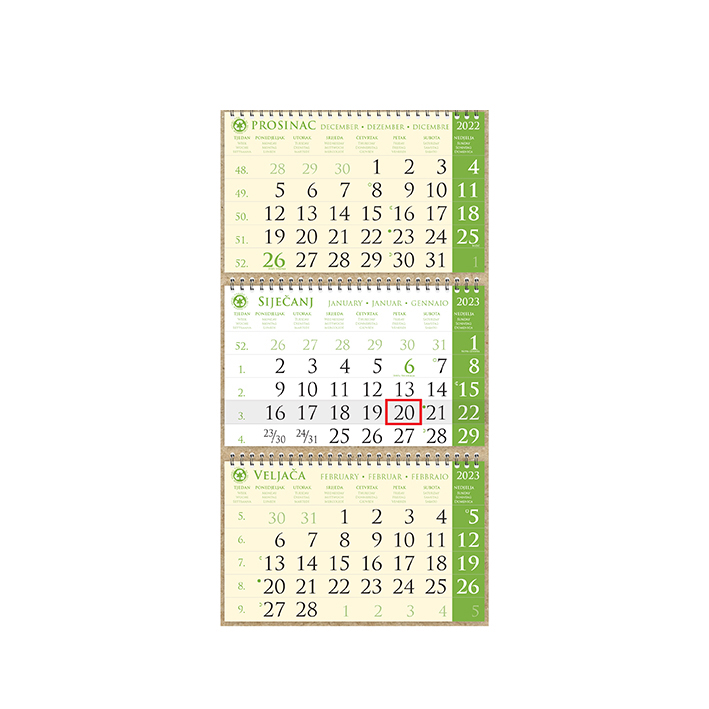 Kalendar trodjelni sirio EKO ZELENI, spiral bound three fold (3x12 sheets) 25x68cm, logo print area: 25x17cm, date indicator, bag (recycled paper) "not bound"