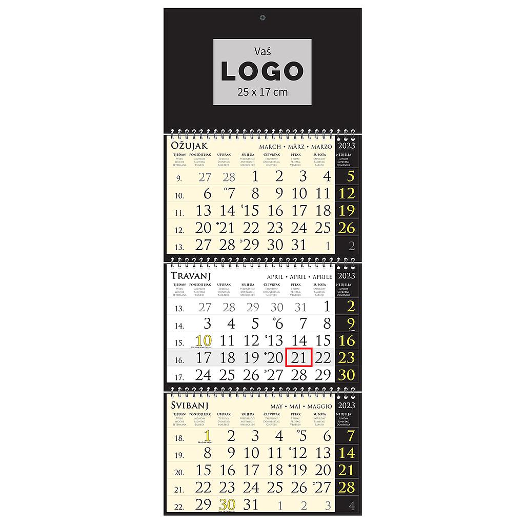 Kalendar trodjelni SIRIO "BLACK" black, spiral bound three fold (3X12sheets) 25X68cm, logo print area;25x17cm, date indicator, bag
