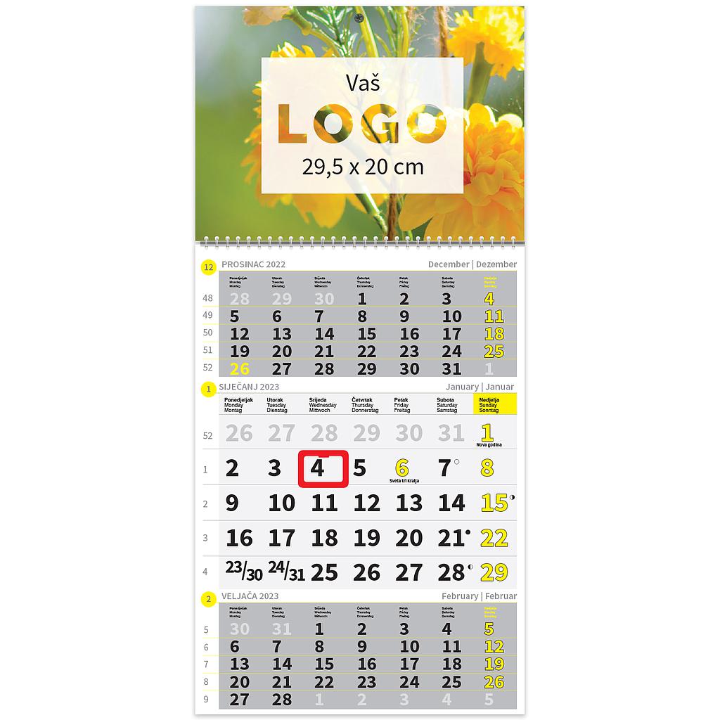 "Poslovni ŽUTO-SIVI" three month calendar, 12 sheets, format:29,5x62cm, PVC bag, P/50