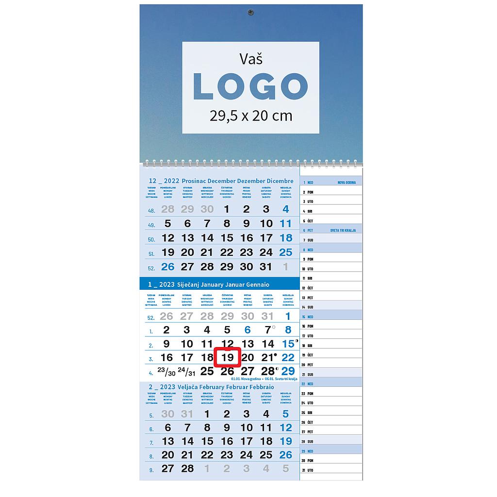 "Poslovni PLAVI planer" three month calendar, 12 sheets, format: 29,5x62cm, PVC bag, date indicator, P/50 