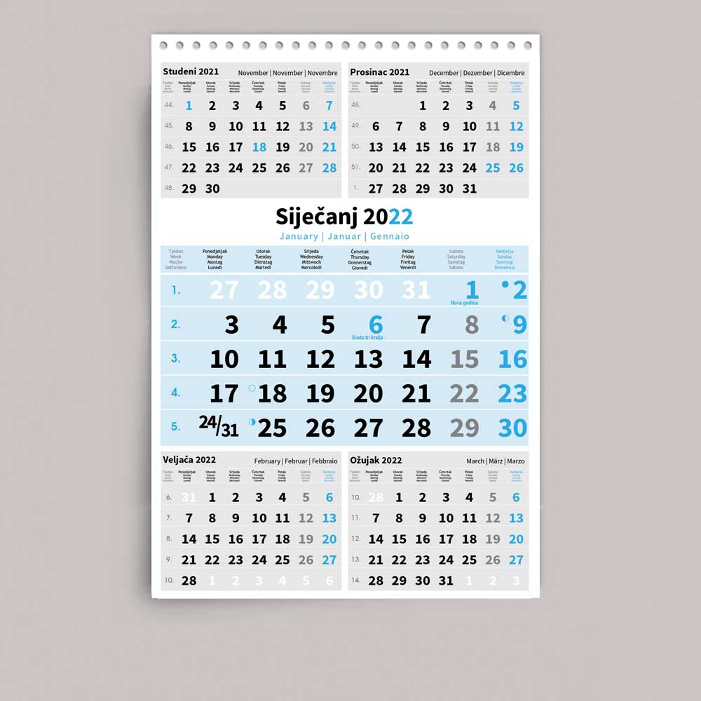 KALENDAR TRODJELNI POSLOVNI PLAVI 5 mj. plavo/crni, 80gr, spiral., pok, vrećica "NZ"