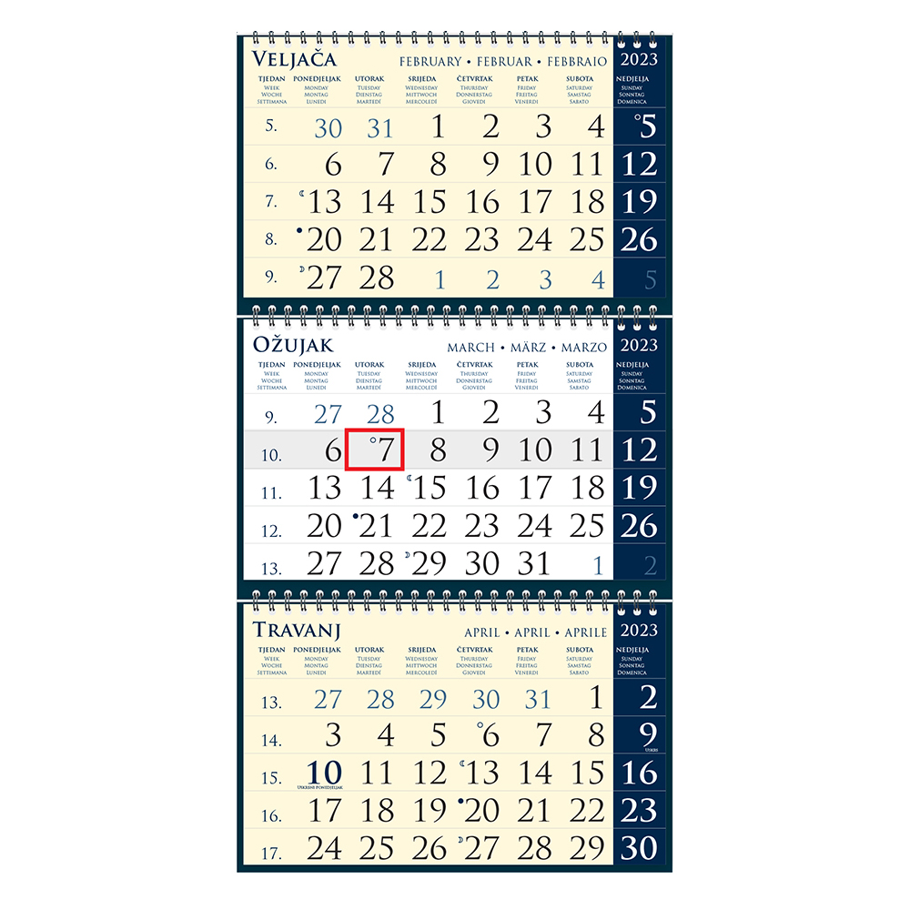 "Poslovni SIRIO dark blue" three month calendar, 3x12 sheets, format:25x68cm, bag, date indicator, P/50, NOT BOUND