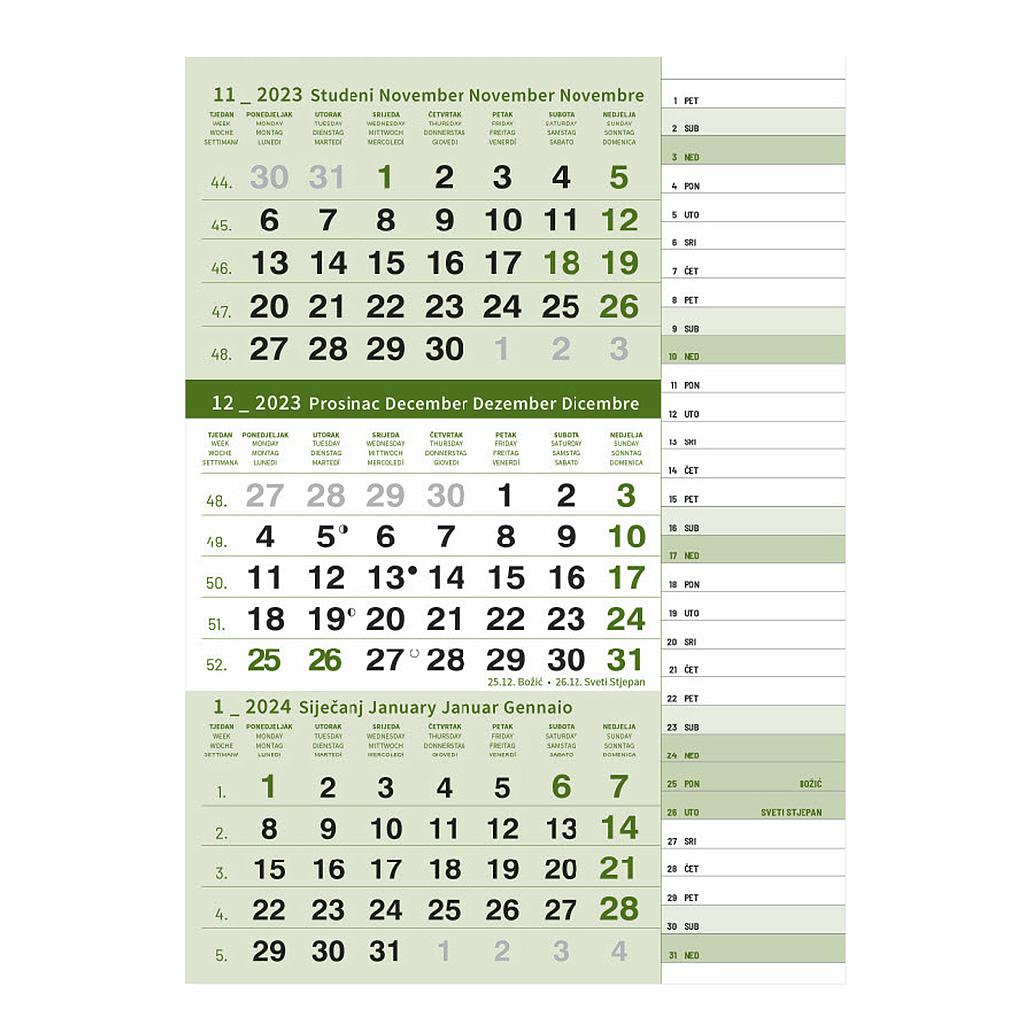 Kalendar trodjelni tromjesečni "PLANER" zeleni 12 L 29,5x42cm, nad29,5x20cm 90 gr, pok, vrećica "NZ"
