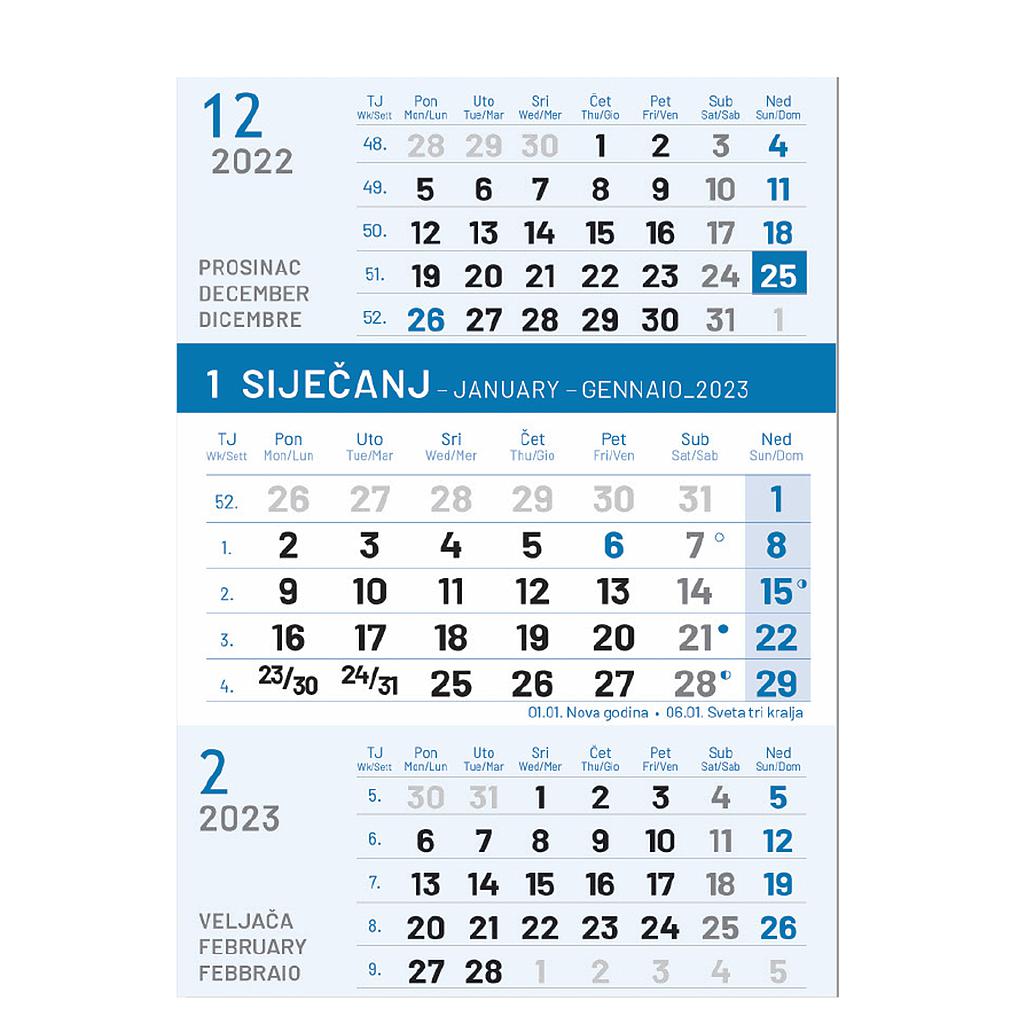 Kalendar trodjelni poslovni "PLAVI A4"  12 L 21x29,7cm, nad21x15cm 90 gr, pok, vrećica "NZ"