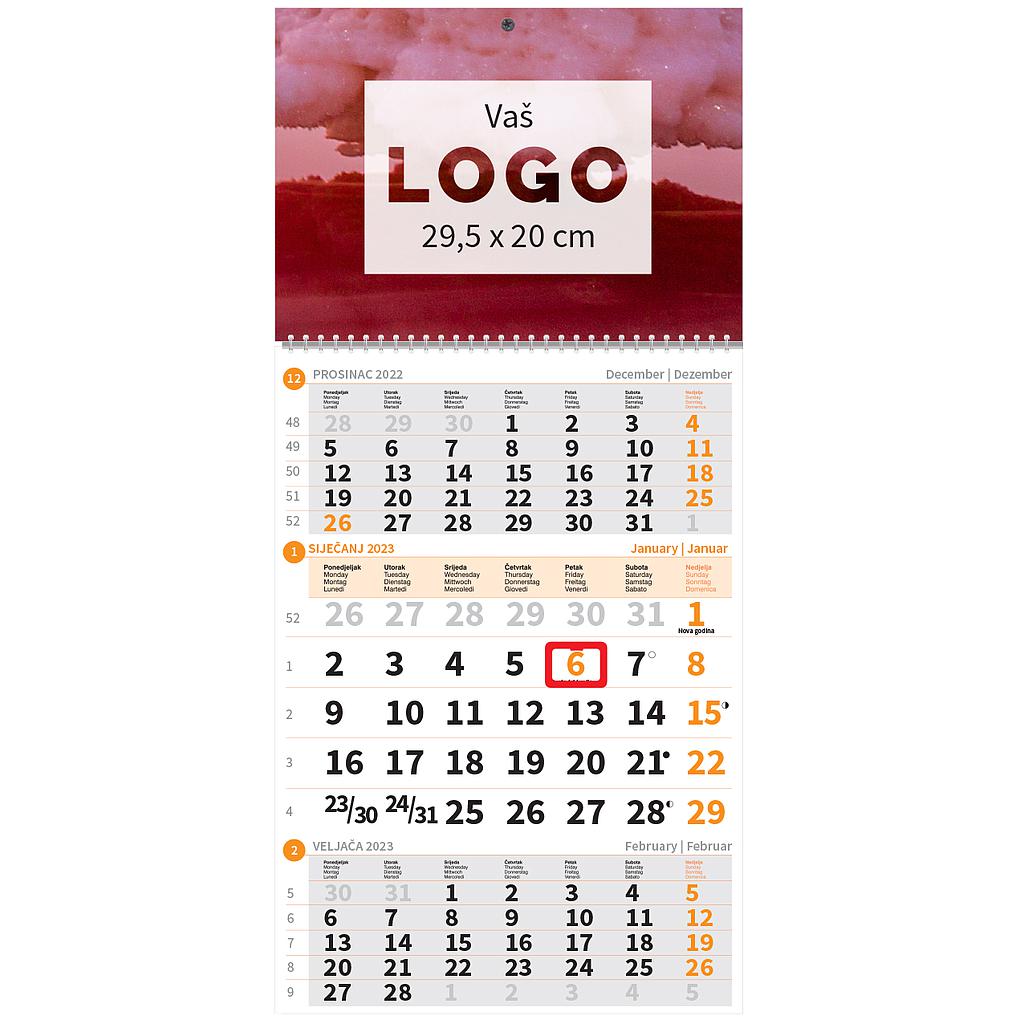 "Poslovni NARANČASTI" three month calendar, 12 sheets, format: 29,5x62cm, PVC bag, date indicator, P/50