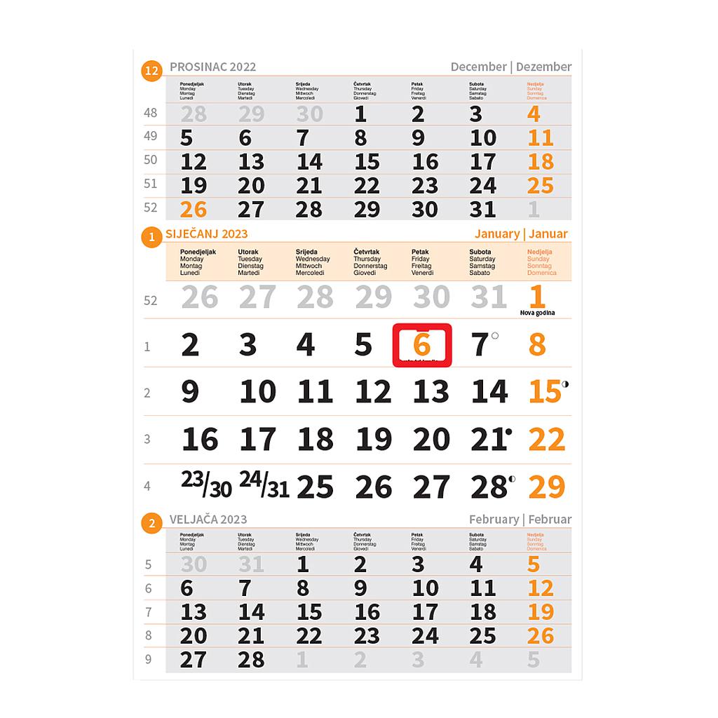 Kalendar trodjelni tromjesečni "NARANČASTI"  12 L 29,5X42cm, nad29,5X20cm 90 gr, pok, vrećica  NZ
