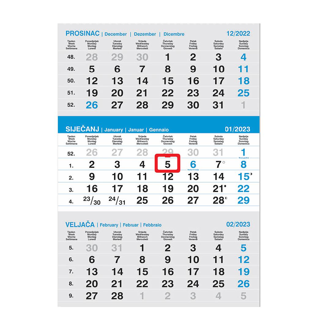 "Poslovni SIVO-PLAVI" three month calendar, 12 sheets, format:29,5x42cm, PVC bag, date indicator, P/60, NOT BOUND