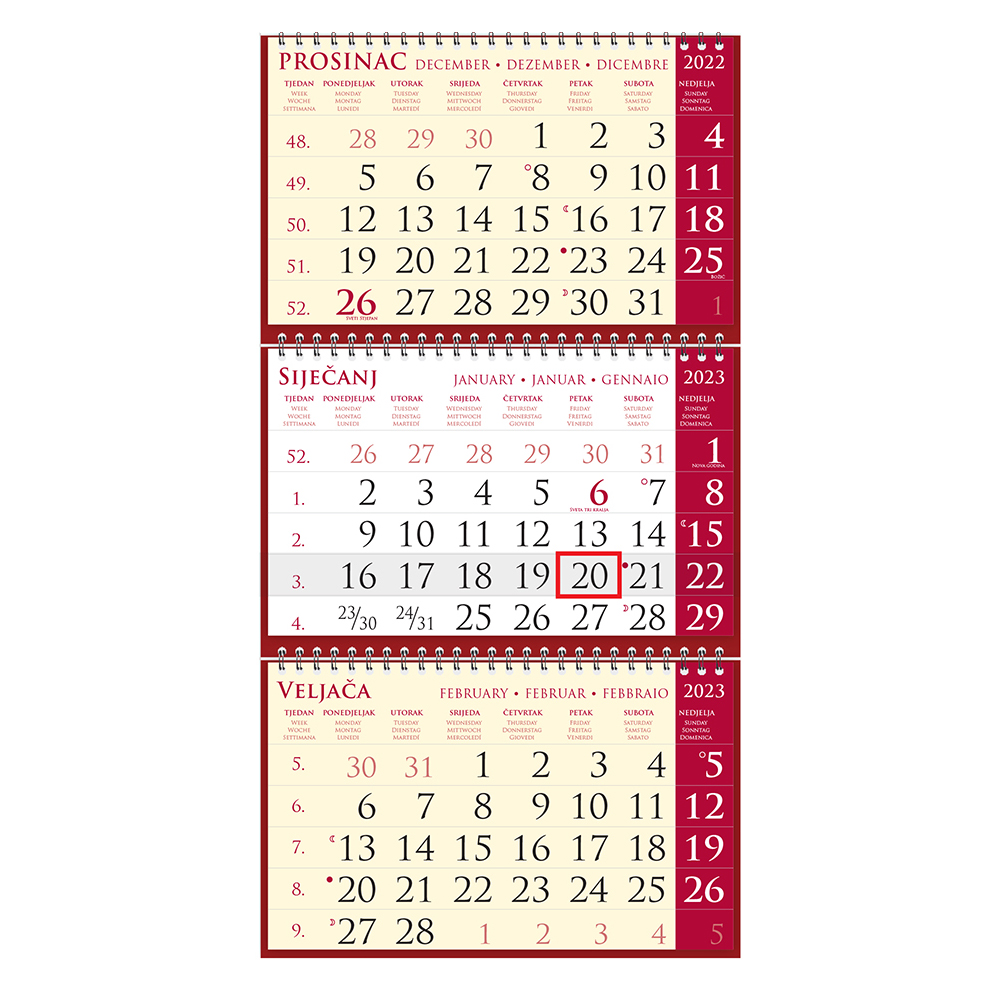 Kalendar trodjelni SIRIO cherry, 3 dijela spirala (3x12 l) 25x68cm, nad.25x17cm, pok, vrećica (brodo) "NZ"