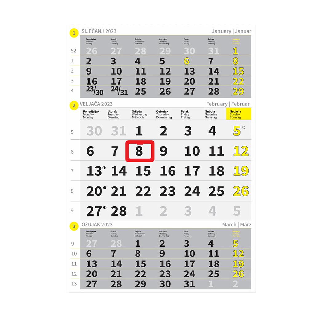 "Poslovni ŽUTO-SIVI" three month calendar, 12 sheets, format:29,5x62cm, PVC bag, P/60, NOT BOUND
