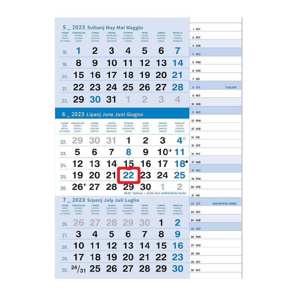 "Poslovni PLAVI planer" three month calendar, 12 sheets, format: 29,5x62cm, PVC bag, date indicator, P/50, NOT BOUND