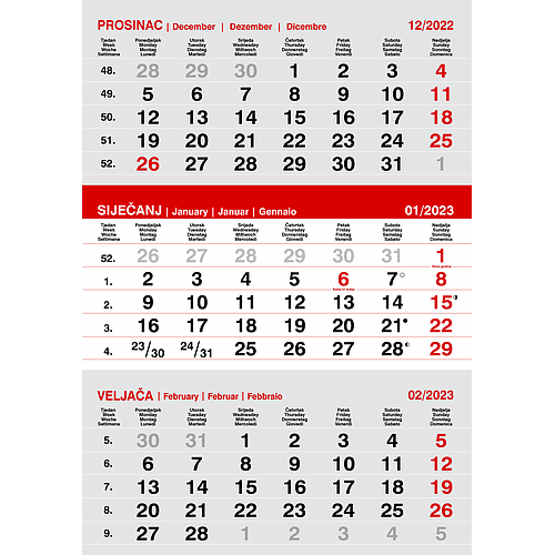 "Poslovni SIVO-CRVENI" neuvezani trodjelni kalendar, 12 list., dim:29,5x20cm, PVC vrećica, pokazivač, P/60
