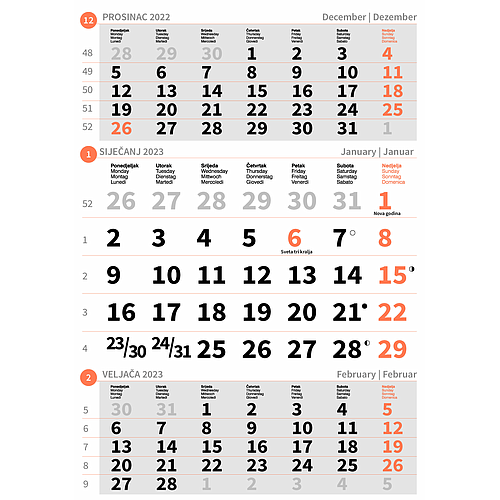 "Poslovni NARANČASTI" trodjelni kalendar, 12 list., dim: 29,5x62cm, PVC vrećica, pokazivač, P/50