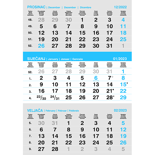 "Poslovni SIVO-PLAVI" neuvezani trodijelni kalendar, 12 lis., dim:29,5x42cm, PVC vrećica, pokazivač, P/60