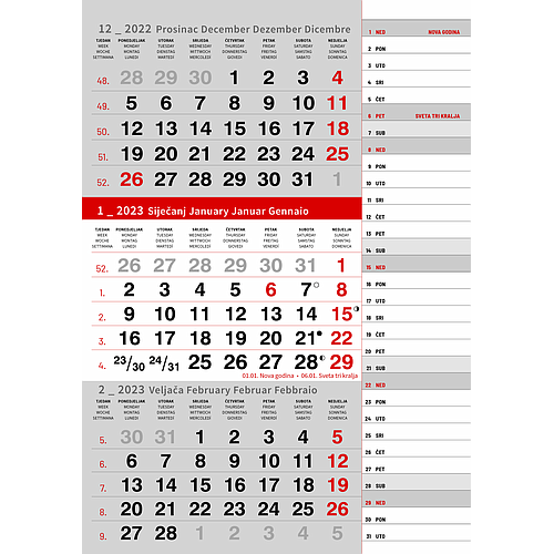 "Poslovni SIVO CRVENI planer" trodjelni kalendar, 12 list., dim: 29,5x62cm, PVC vrećica, pokazivač, P/50