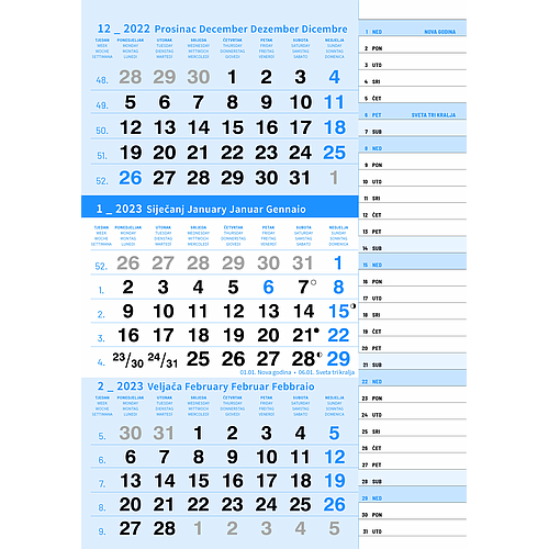 "Poslovni PLAVI planer" trodjelni kalendar, 12 list., dim: 29,5x62cm, neuvezani PVC vrećica, pokazivač, P/50
