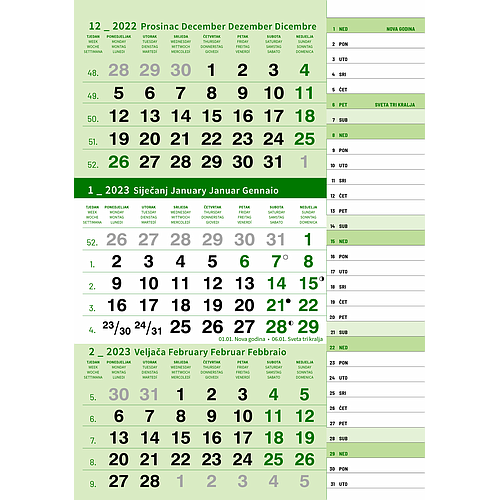 "Poslovni ZELENI PLANER" trodjelni kalendar, 12 list., dim: 29,5x62cm, PVC vrećica, pokazivač, P/50