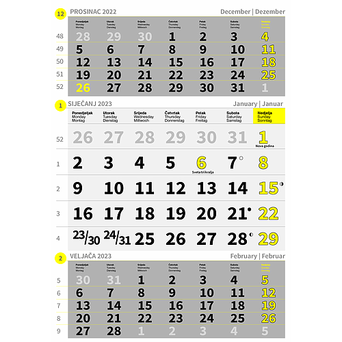 "Poslovni ŽUTO-SIVI" trodjelni kalendar, 12 list., dim:29,5x62cm, PVC vrećica, P/50