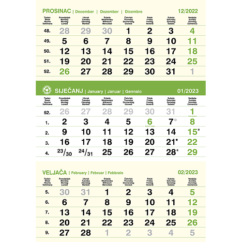 Kalendar trodjelni poslovni EKO ZELENI, spirala (12 l) 29,5x62 cm, nad. 29,5x20cm, pok, vrećica (reciklirani papir) "NZ"