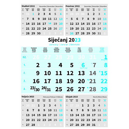 " Poslovni PLAVI 5 mj." trodjelni kalendar, 12 list., dim: 29,5x62cm, PVC vrećica, pokazivač, P/50