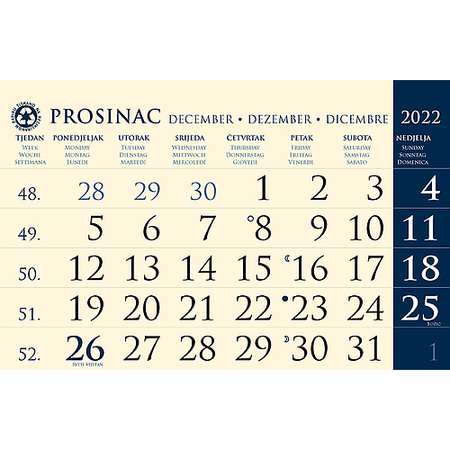 Kalendar trodjelni sirio EKO TAMNO PLAVI, 3 dijela spirala (3x12 l) 25x65cm, pok, vrećica (reciklirani papir), P/50