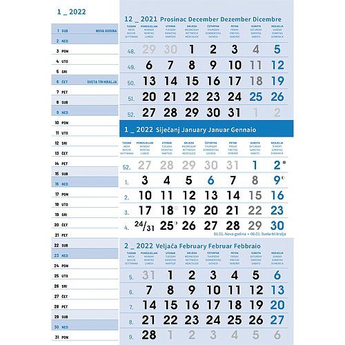 "Poslovni PLAVI planer" trodjelni kalendar, 12 list., dim: 29,5x62cm, PVC vrećica, pokazivač, P/50