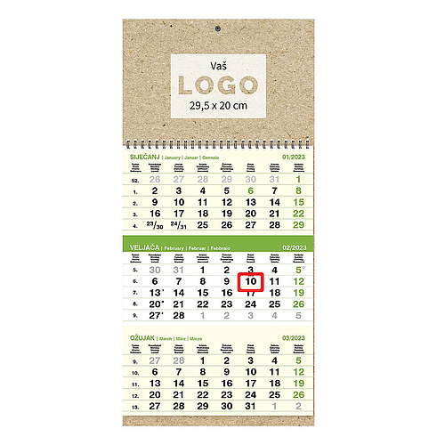 Kalendar trodjelni poslovni EKO ZELENI, spiral bound (12 sheets), format:29,5x62 cm, logo print area:29,5x20cm, date indicator, bag (recycled paper)