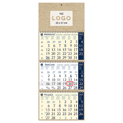 Kalendar trodjelni sirio EKO TAMNO PLAVI, spiral bound three fold (3x12 sheets) 25x65cm, date indicator, bag (recycled paper), P/50