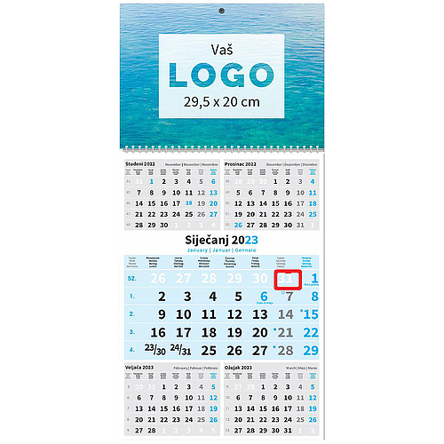 " Poslovni PLAVI 5 mj." three month calendar, 12 sheets, format: 29,5x62cm, PVC bag, date indicator, P/50