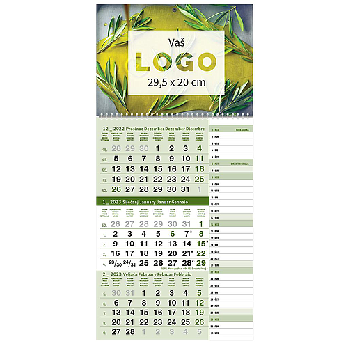 "Poslovni ZELENI PLANER" three month calendar, 12 sheets, format: 29,5x62cm, PVC bag, date indicator, P/50