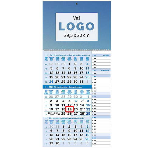 "Poslovni PLAVI planer" three month calendar, 12 sheets, format: 29,5x62cm, PVC bag, date indicator, P/50 